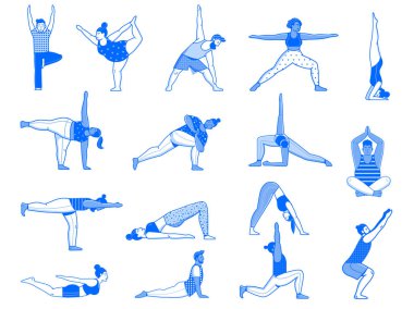 Yoga yapan çeşitli insanlar çizgi sanatı setinde poz veriyor. Farklı vücut tiplerine sahip ve popüler asana deneyen kadın ve erkekler. Spor yapan ve spor yaparken esneme hareketleri yapan çeşitli karakterler.
