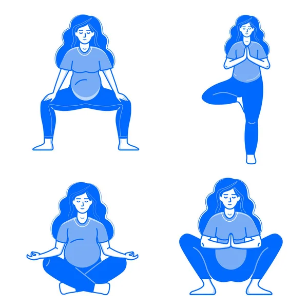 Méditer Femme Enceinte Faisant Des Exercices Prénatals Dans Différentes Poses — Image vectorielle