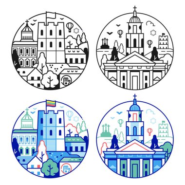 Vilnius, Gediminas kulesi ve katedrali ile simgeleri simgeler. Litvanya çember amblemlerini veya logo şablonlarını sanat tarzında seyahat et.