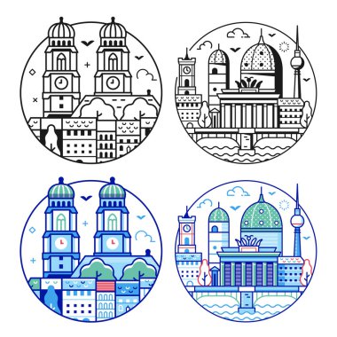 Almanya, Kubbe katedrali, Potsdamerplatz ve Frauenkirche ile simgeleşmiştir. Berlin ve Münih daire amblemlerini veya logo şablonlarını sanat tarzında gezin.