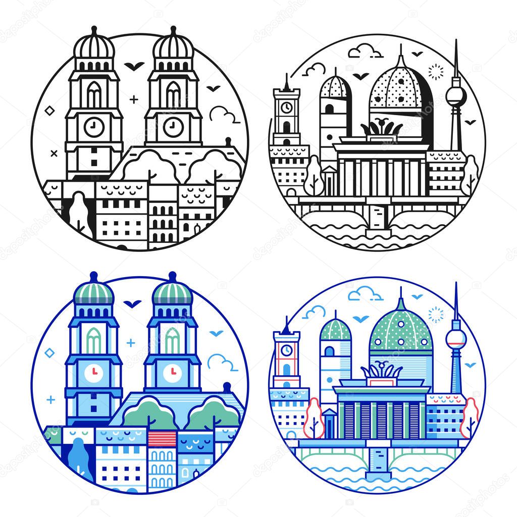 Germany landmarks icons with Dome cathedral, Potsdamerplatz and Frauenkirche . Travel Berlin and Munich circle emblems or logo templates in line art style.