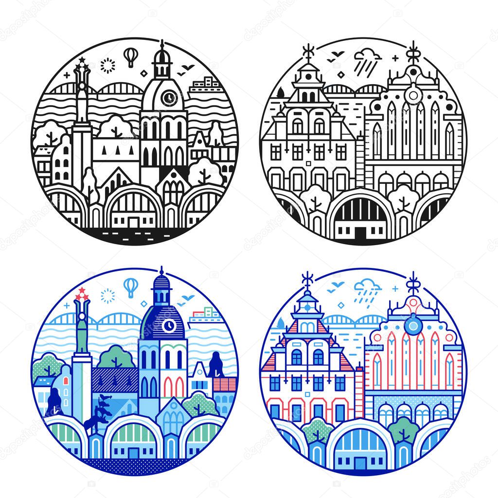 Riga landmarks icons with merchant Black Head house and Dome cathedral. Travel Latvia circle emblems or logo templates in line art style.