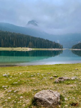 Karadağ 'ın Durmitor kentindeki kozalaklı ormanlarla çevrili kara göl ve dağların üzerinde yoğun bir sis ile sabahın erken saatlerinde güneş doğuyor. Sisli yeşil ormandaki dağ gölünün manzarası suya yansıyor..