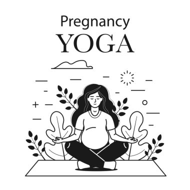 Doğum öncesi yoga broşürü ya da kartta Lotus pozu veren hamile bir kadın yoga meditasyonu yapıyor. Nilüfer çiçeğinde oturan kadın, sanat tasarımı sırasında namaste elleriyle poz veriyor..