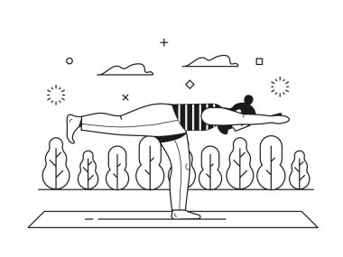 Sakallı hippi yoga yapıyor. Doğada Savaşçı 3 pozu veriyor. Şehir parkında ağaçlarla yoga minderi üzerinde spor yapan modern görünümlü bir erkek. Açık hava antreman sahnesi sırada..