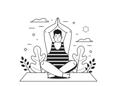 Ajanstan biriyle ruh sağlığı sahnesi. Yoga yapıyor ve doğa geçmişi üzerine meditasyon yapıyor. Artı nilüfer çiçekli poz veren kadın ya da erkek. İç uyum çizgisi sanat konsepti.