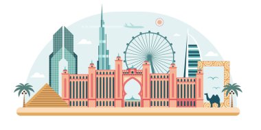 Dubai 'de seyahat et Skyline seyahat web pankartı. Renkli Emirlikler şehri, popüler BAE simgeleri ve gösterileriyle panorama illüstrasyonu. Birleşik Arap Emirlikleri 'nin modern ve geleneksel Arap mimarisi.
