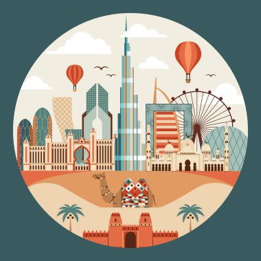 Emirlikler 'in ünlü mimari işaretleri ve çöldeki deve deve desenleriyle seyahat et. Sıcak hava balonları popüler Emirlikler 'in üzerinde uçuyor ve kum tepelerinde yatan deve, yuvarlak şekil etiketleri..