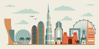 BAE şehrinin ufuk çizgisi seyahat web pankartı. Renkli Emirlikler şehri, popüler BAE simgeleri ve gösterileriyle panorama illüstrasyonu. Orta Doğu 'nun modern ve geleneksel Arap mimarisi.