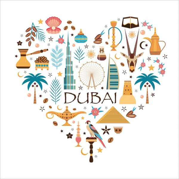 Love Dubai Travel Card Famous Emirates Symbols Buildings Stylised Heart — Stock Vector