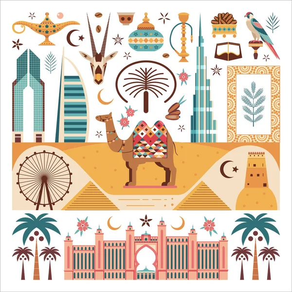 Travel Emirates Design Elements Collection Dubai Famous Symbols Buildings Camel — Stock Vector