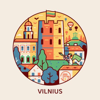 Gediminas kale kulesi ve katedral binalarından esinlenerek Vilnius ikonunu gezin. Litvanya 'nın başkenti turistik döngü amblemi. Tarihi şehir silüeti manzaralı..