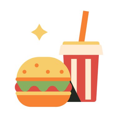 Hamburger ve içecek ikonu düz tasarım. Kırmızı kağıt bardak ve samanla Amerikan hamburgerli fast food sandviçi.