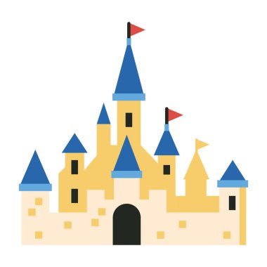 Peri masalı kalesi ikonu. Düz dizaynlı fantezi krallığının kalesi. Ortaçağ kalesi çizimleri.