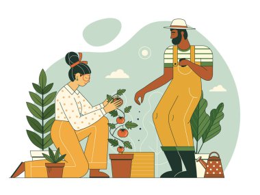 Bahçıvanlık sahnesinde çok ırklı çiftler tohum ekiyor. İnsanların sebze ve yeşil bitkiler yetiştirdiği bahar tarım çizgisi sanat konsepti. Erkek ve kadın bahçede birlikte çalışıyor..