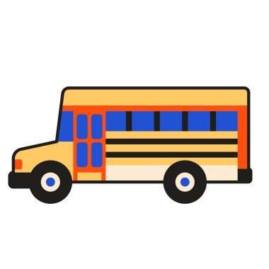 Düz dizaynlı eski tarz sarı okul servisi ikonu. Retro American otobüs çizimi.