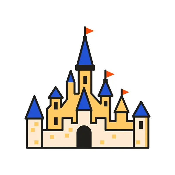 おとぎ話の城のアイコン フラットデザインのファンタジーマジックキングダムの拠点 中世城イラスト — ストックベクタ
