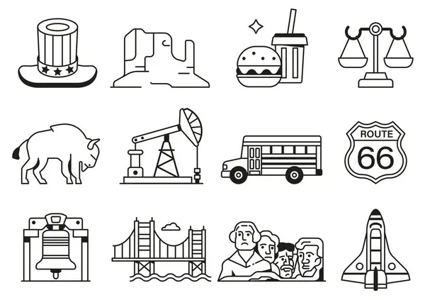 Usa Colección Iconos Con Símbolos Puntos Referencia Populares Estados Unidos — Vector de stock