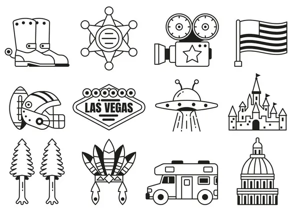 Collezione Icone Usa Con Simboli Simboli Popolari Stati Uniti Set — Vettoriale Stock