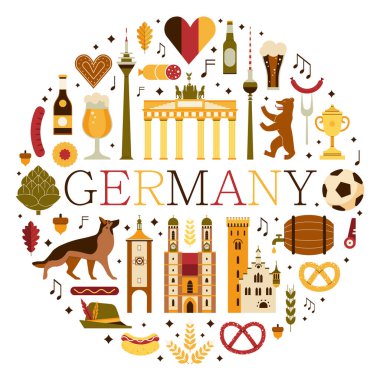 Almanya 'da Bavyera ve ülke turist klip sanatları ile seyahat kartı. Klasik tasarım elementlerine sahip Alman daire baskısı tarihi işaretler, geleneksel gıda ve kültür sembolleri koleksiyonu.