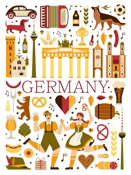 Cartel Viaje Alemania Con Pareja Feliz Bávara Ropa Tradicional Con — Archivo Imágenes Vectoriales