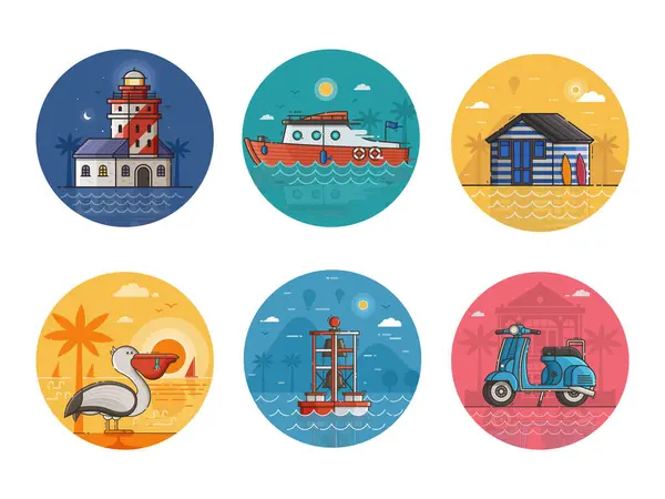 Sea Vacation Travel Icons Summer Seaside Holidays Circle Scenes Lighthouse — Vector de stock