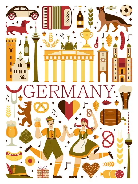 Germany Travel Poster Bavarian Happy Couple Traditional Clothing Holding Beer — Vector de stock