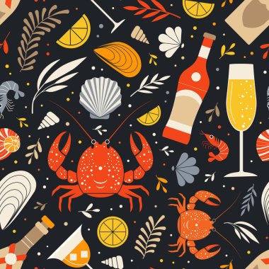Deniz ürünleri ve içecekler pürüzsüz. Yengeç, karides, kabuk, midye, kokteyl, aperitivo, renkli arka planda köpüklü şarap ve limon dilimleri. Kabuklu deniz ürünleri ve el yapımı deniz ürünleri..