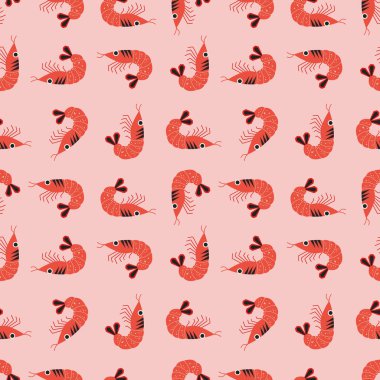 Şirin karidesli deniz şablonu ya da klasik pembe arka planda kabuklu deniz ürünleri. Deniz yaratıkları ya da okyanus hayvanları. Tekstil, kumaş, ambalaj ve tüm parmak izleri için deniz ürünleri içeren denizcilik geçmişi.