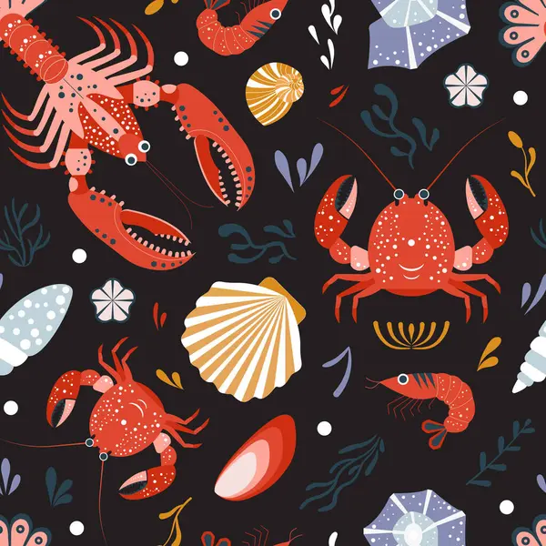 Marine Pattern Lobsters Crayfishes Crabs Shrimps Shells Algae Ocean Life — стоковый вектор