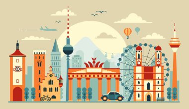 Alman mimari eserleri ve ünlü simgeleriyle Almanya 'yı dolaş. Almanya 'da turist tatili. Geometrik düz tasarımlı şehir silueti olan web pankartı..