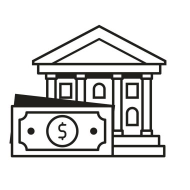 Banka sistemi simgesi, finans inşaatı ve sanat tasarımı alanında parası var. Bankacılık ve finansman tapınak klipsi sanatı.