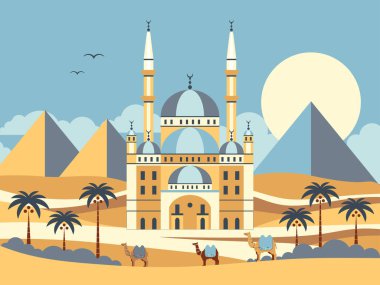 Eski Kahire Camii, Mısır piramitleri ve palmiye ağaçlarıyla vahada yürüyen çöl develeriyle Mısır 'a seyahat edin. Düz dizaynlı Arap manzarası.