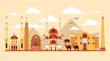 Popüler turizm yerleri ve mimari eserlerle Mısır web pankartına seyahat edin. Kahire eski camisi, Mısır piramitleri, sfenks, kale ve dikilitaş gibi. Düz dizaynlı Arap manzarası.