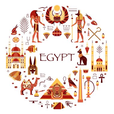 Seyahat Mısır 'da kalp şeklinde elementler. Üzerinde piramit, sfenks, antik tanrılar, bokböceği, hiyeroglifler, kültürel işaretler ve mimari simgeler gibi ünlü Mısır sembolleri olan kart veya sınır çerçevesi..