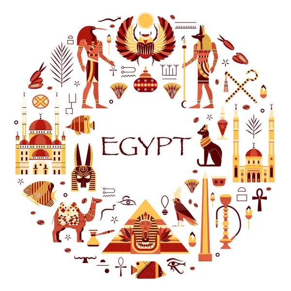 Seyahat Mısır 'da kalp şeklinde elementler. Üzerinde piramit, sfenks, antik tanrılar, bokböceği, hiyeroglifler, kültürel işaretler ve mimari simgeler gibi ünlü Mısır sembolleri olan kart veya sınır çerçevesi..