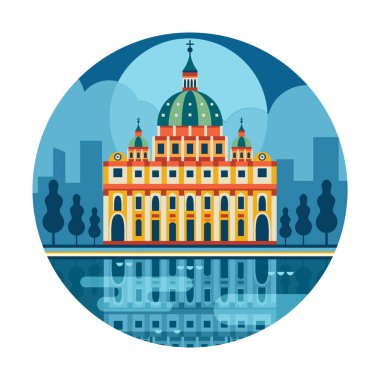 Meşhur Vatikan bazilikasıyla İtalya 'nın çevresini dolaş. Kubbe italyan katedrali mimari simgesi ve şehir silueti düz tasarımla suya yansıdı.