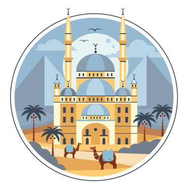Kahire 'nin eski camii, Mısır piramitleri ve palmiye ağaçlarıyla vahada yürüyen çöl develeriyle Mısır' a seyahat edin. Düz dizaynlı Arap manzaralı resim baskısı.