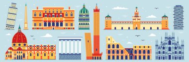 İtalya mimari simgeleri seyahat anıtları ve popüler binalarla birlikte web pankartı. İtalyan simgeleri ve Roma, Milan, Pisa, Bolonya ve diğer şehirlerin ünlü kültürel sembolleri..