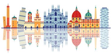 Seyahat anıtlarıyla İtalya web pankartı ve yansımalı popüler binalar. İtalyan mimari simgeleri ve Roma, Floransa, Milan, Pisa, Bolonya ve diğer şehirlerin ünlü kültürel simgeleri.
