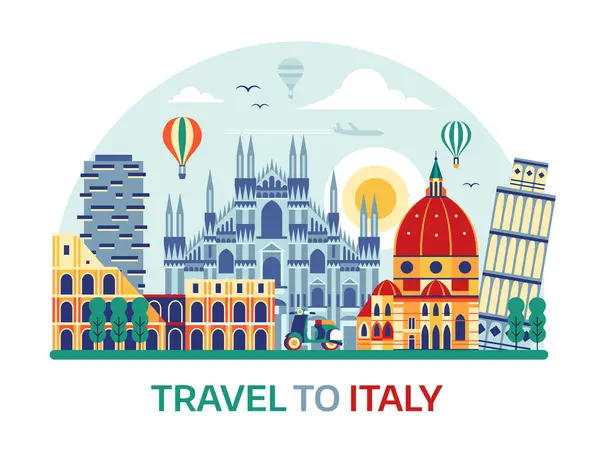 stock vector Travel to Italy tourist cityscape. Panoramic scene with famous architectural monuments and popular buildings. Web banner with iconic European landmarks and cultural symbols of Italian cities.