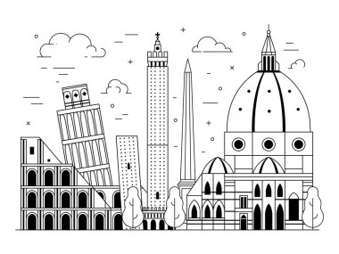 İtalya 'ya seyahat, sanat şehri. Ünlü mimari eserleri ve popüler binaları olan manzara manzarası. Vatikan ve İtalyan şehirlerinin Avrupa turistik simgeleri ve kültürel simgeleri.