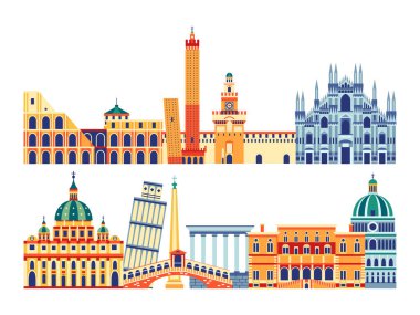 İtalya ve Vatikan 'ın klasik web pankartı seyahat anıtları ve popüler binalar kompozisyonu. İtalyan mimari simgeleri ve Roma, Milan, Pisa ve Bologna 'nın ünlü kültürel sembolleri..