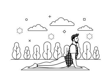 Sakallı hippi, doğada yoga yapıyor. Şehir parkında ağaçlarla yoga minderi üzerinde spor yapan modern görünümlü bir erkek. Açık hava antreman sahnesi sırada..