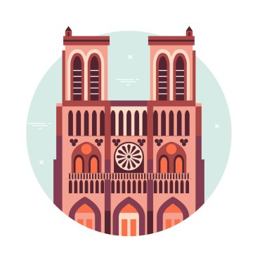 Notre Dame Katedrali 'nden esinlenerek ünlü Paris anıtı yuvarlak ikonu. Düz tasarımda Fransa 'nın başkentinde ünlü mimari turizm simgesi.