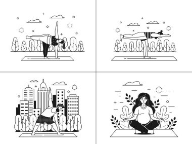 Erkekler ve kadınlar meditasyon yapıyor ve dışarıda spor yapıyorlar. Şehir parkında çeşitli insanlar yoga yapıyor. Doğada erkek ve kadın eğitimli açık hava idman sahneleri..