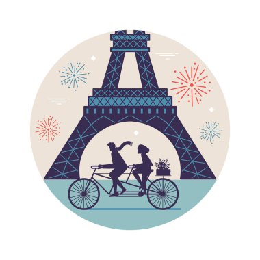 Eyfel Kulesi, havai fişekler ve çift kişilik bisikletle Paris 'te seyahat ikonu. Popüler Paris anıtı ve turistik cazibe.