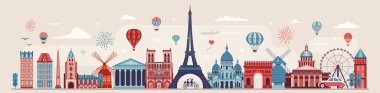 Paris klasik web pankartı seyahat şehri gökyüzü manzaralı anıtlar, popüler binalar ve hava balonları. Mimari simgeler ve kültürel sembollerle Fransa 'nın başkenti..