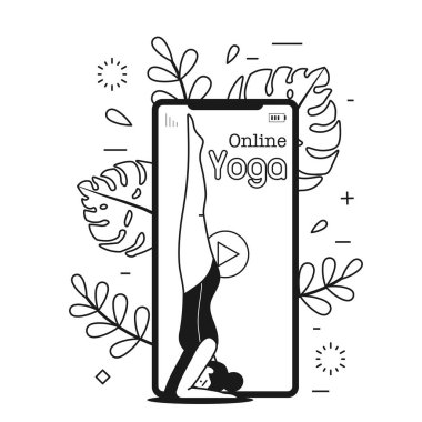 Online yoga classes concept in line art design. Woman doing headstand yoga pose using application for smart fitness session via internet. Female coach on phone screen conducts digital live lesson. clipart