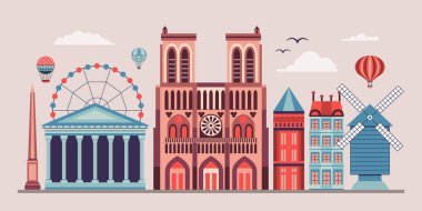Paris seyahat illüstrasyonunda anıtlar, popüler binalar ve mimari semboller var. Düz tasarımda ikonik kültürel yapılara sahip Fransa başkenti panoraması.